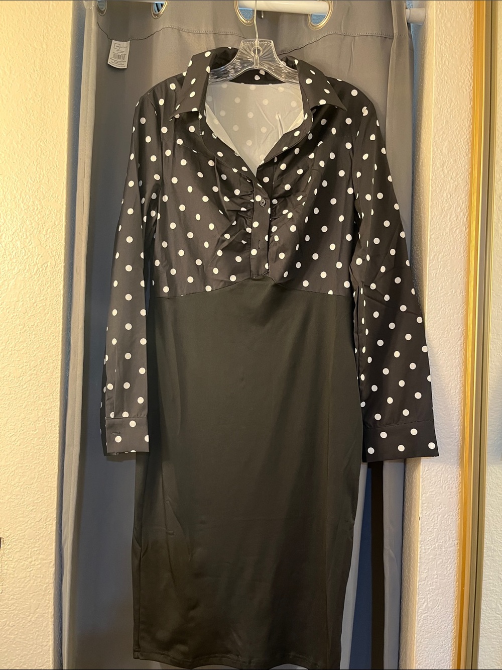 Black and White Polka Dot Long-Sleeve Shirt Dress